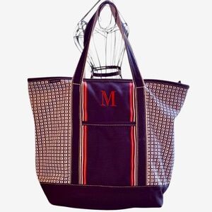 Lands’ End Large Canvas Tote Bag – Navy & Red Stripes with “M” Monogram